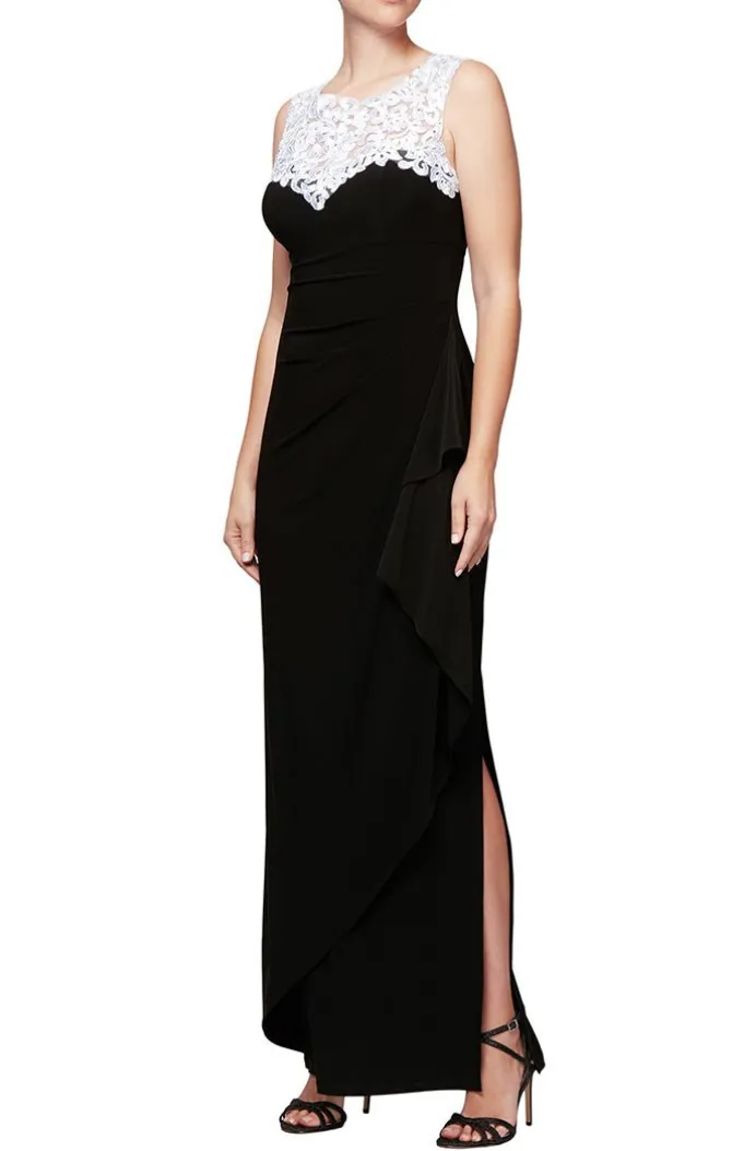 Petite Matte Jersey Cap Sleeve Gown With Embroidered, Embellished Illusion Neckline
