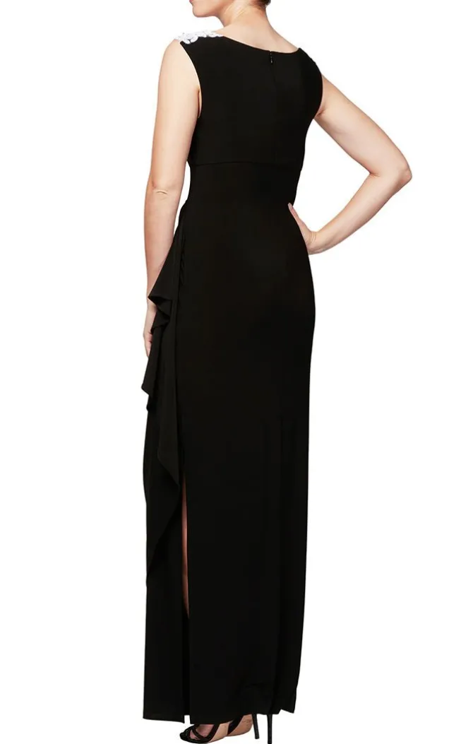 Petite Matte Jersey Cap Sleeve Gown With Embroidered, Embellished Illusion Neckline