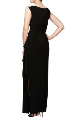 Petite Matte Jersey Cap Sleeve Gown With Embroidered, Embellished Illusion Neckline