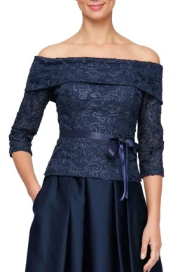 Petite Off-The-Shoulder Soutache Blouse With Tie Belt And Illusion Sleeves