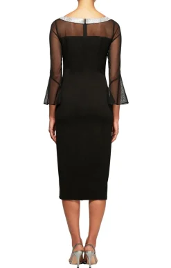 Petite Sheath Crepe Cocktail Dress With Beaded Illusion Neckline & Bell Sleeves
