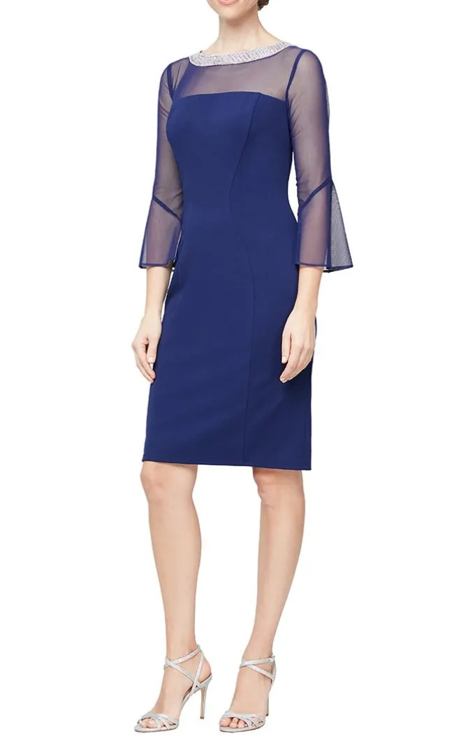 Petite Sheath Crepe Cocktail Dress With Beaded Illusion Neckline & Bell Sleeves