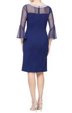 Petite Sheath Crepe Cocktail Dress With Beaded Illusion Neckline & Bell Sleeves
