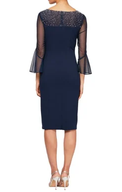 Petite Sheath Crepe Dress With Embellished Illusion Mesh Neckline & Bell Sleeves