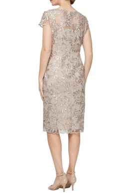 Petite Short Embroidered Sheath Dress With Illusion Neckline And Cap Sleeves