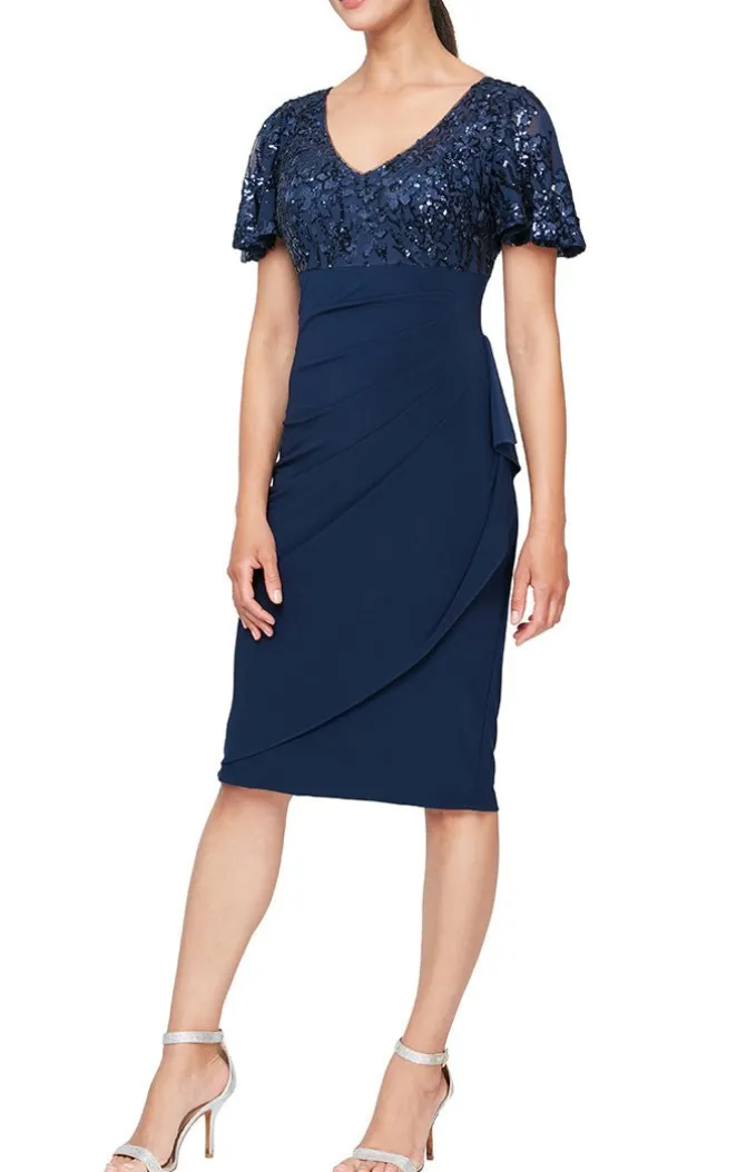 Petite Short V-Neck Empire Waist Sheath Dress With Flutter Sleeves And Cascade Detail Skirt