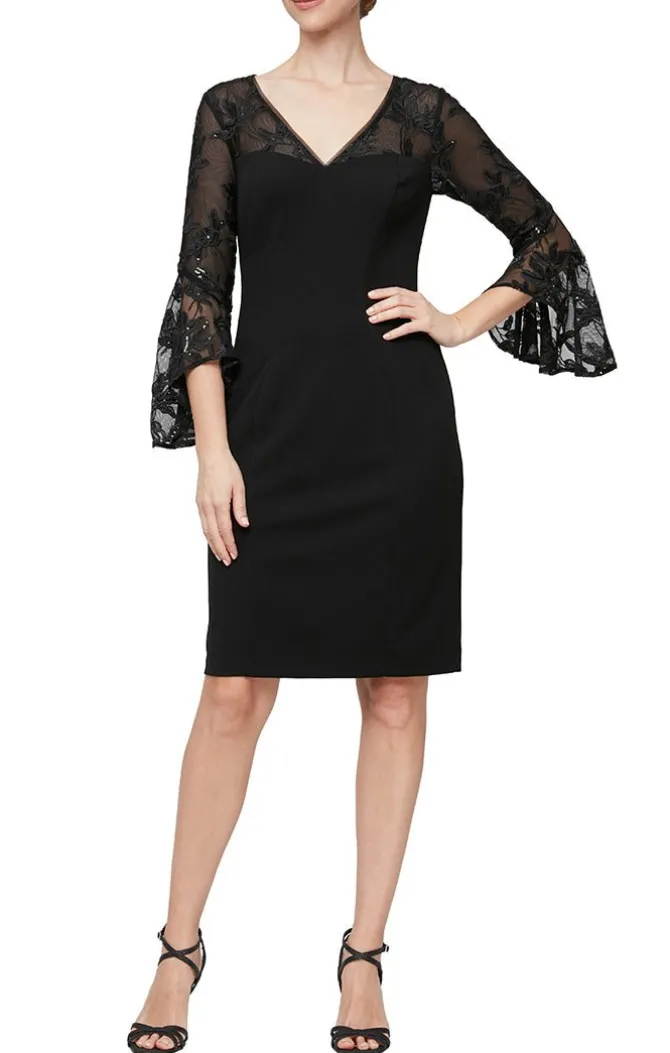 Petite Short V-Neck Sheath Crepe Dress With Illusion Neckline & Cascade Bell Sleeves