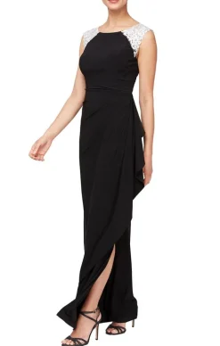 Petite Sleeveless Jersey Gown With Embroidered Shoulder Detail