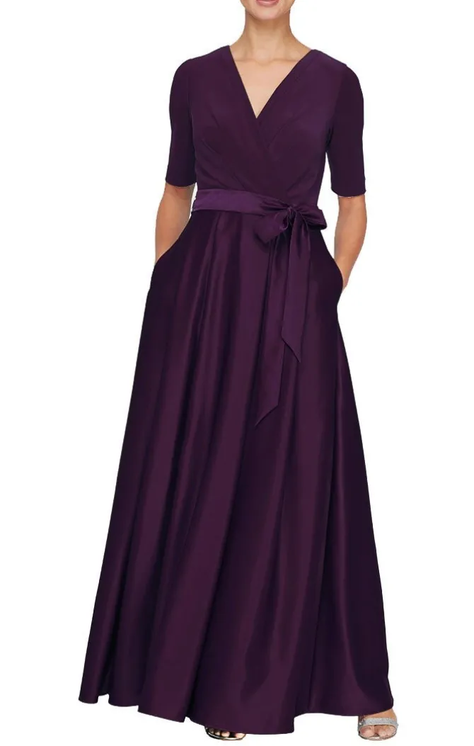 Petite Surplice Neckline Ballgown With Full Satin Skirt & Jersey Bodice