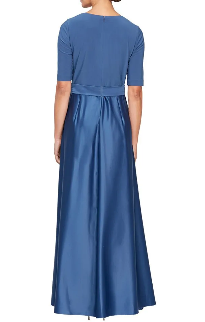 Petite Surplice Neckline Ballgown With Full Satin Skirt & Jersey Bodice
