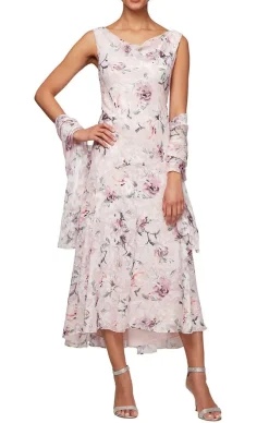 Petite Tea-Length Cowl Neck Printed Dress With High/Low Skirt And Shawl