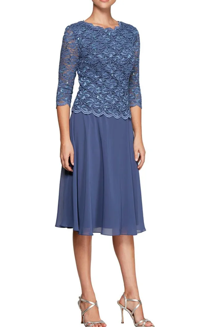 Petite Tea-Length Dress With Sequin Lace Bodice & Chiffon Skirt