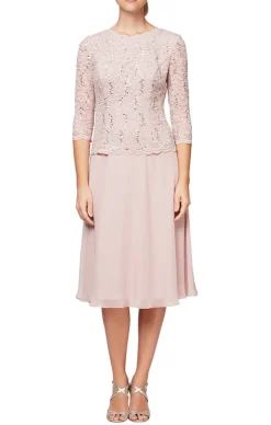 Petite Tea-Length Dress With Sequin Lace Bodice & Chiffon Skirt