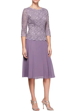 Petite Tea-Length Dress With Sequin Lace Bodice & Chiffon Skirt