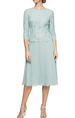 Petite Tea-Length Dress With Sequin Lace Bodice & Chiffon Skirt