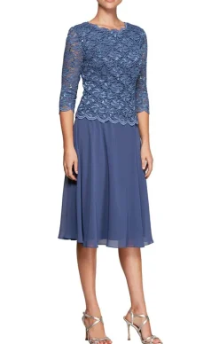 Petite Tea-Length Dress With Sequin Lace Bodice & Chiffon Skirt