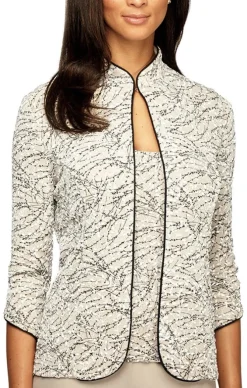 Petite Textured Mandarin Neck Glitter Knit 3/4 Sleeve Twinset