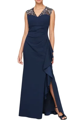 Petite V-Neck Stretch Crepe Gown With Embroidered Illusion Neckline & Cascade Ruffle Skirt