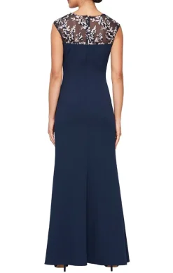 Petite V-Neck Stretch Crepe Gown With Embroidered Illusion Neckline & Cascade Ruffle Skirt