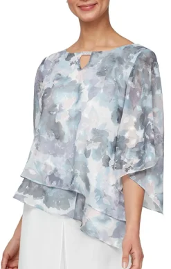 Plus 3/4 Sleeve Printed Blouse With Embellished Cutout Neckline & Asymmetric Tiered Hem