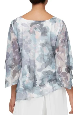 Plus 3/4 Sleeve Printed Blouse With Embellished Cutout Neckline & Asymmetric Tiered Hem