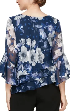 Plus 3/4 Sleeve Printed Blouse With Bell Sleeves And Asymmetric Triple Tier Hem