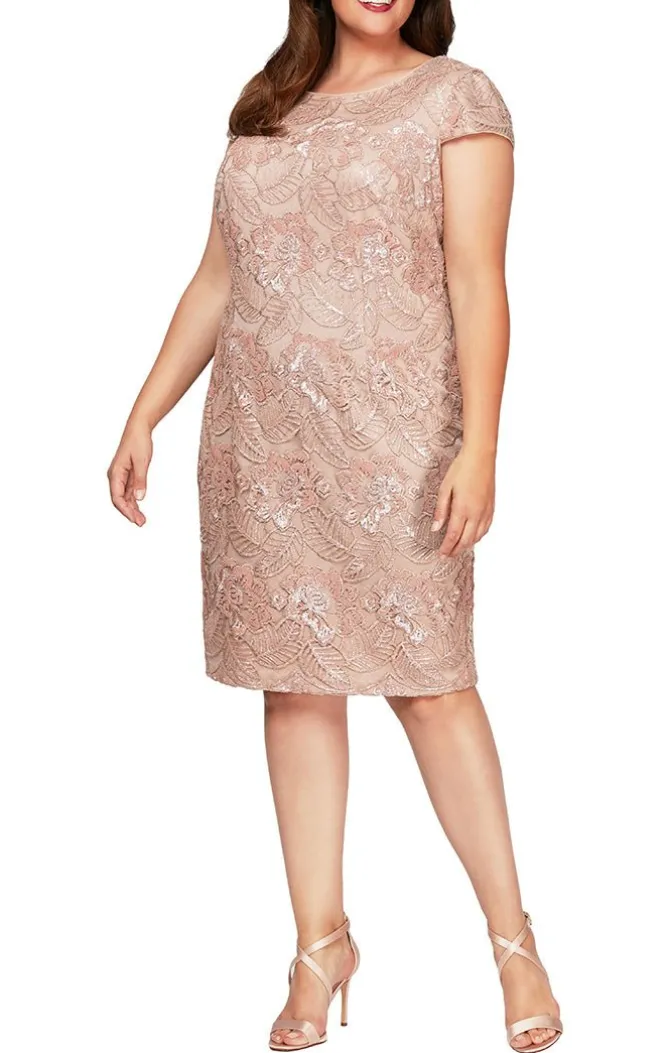 Plus Cap Sleeve Embroidered Sequin Lace Dress