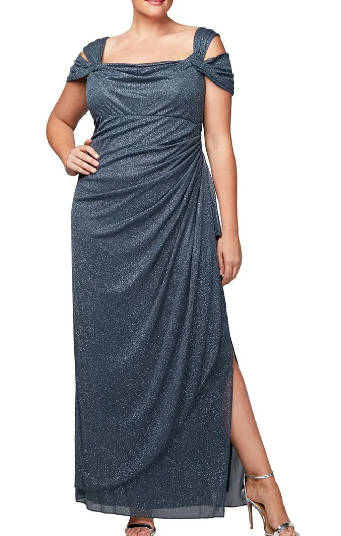 Plus Cold Shoulder Glitter Mesh Dress With Draped Skirt & Cowl Neckline