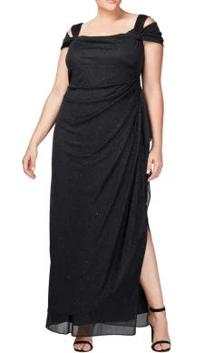 Plus Cold Shoulder Glitter Mesh Dress With Draped Skirt & Cowl Neckline