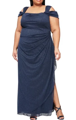 Plus Cold Shoulder Glitter Mesh Dress With Draped Skirt & Cowl Neckline