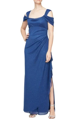 Plus Cold Shoulder Glitter Mesh Dress With Draped Skirt & Cowl Neckline