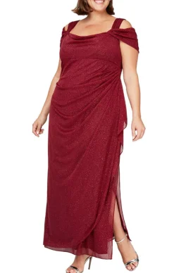 Plus Cold Shoulder Glitter Mesh Dress With Draped Skirt & Cowl Neckline