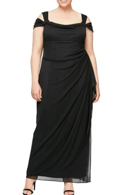 Plus Cold Shoulder Mesh Gown With Cowl Neckline & Overlay Skirt