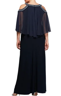 Plus Cold Shoulder Popover Jersey & Chiffon Gown With Beaded Neckline