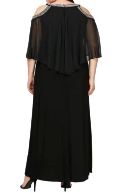Plus Cold Shoulder Popover Jersey & Chiffon Gown With Beaded Neckline
