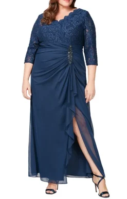 Plus Empire Waist Lace & Mesh Dress With Surplice Neckline & Beaded Ruched Detail Cascade Skirt
