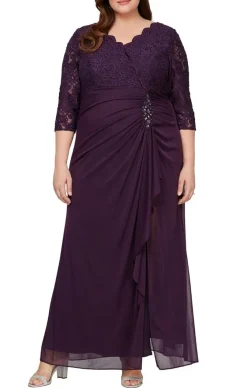 Plus Empire Waist Lace & Mesh Dress With Surplice Neckline & Beaded Ruched Detail Cascade Skirt