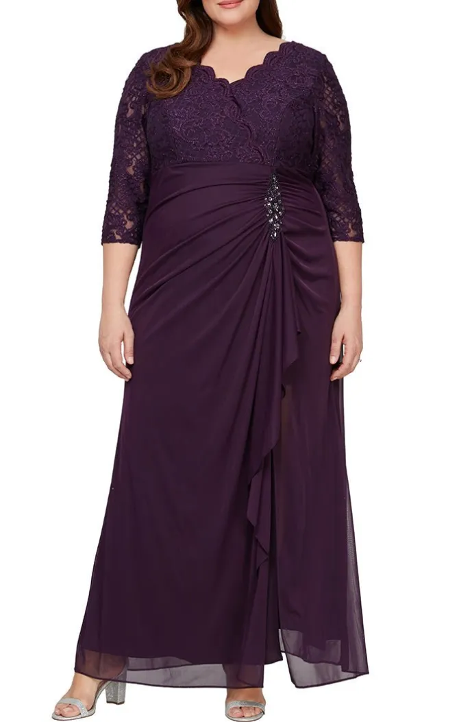 Plus Empire Waist Lace & Mesh Dress With Surplice Neckline & Beaded Ruched Detail Cascade Skirt