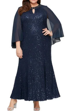 Plus Fit & Flare Sequin Lace Gown With Embellished Keyhole Cutout Neckline & Chiffon Capelet Sleeves