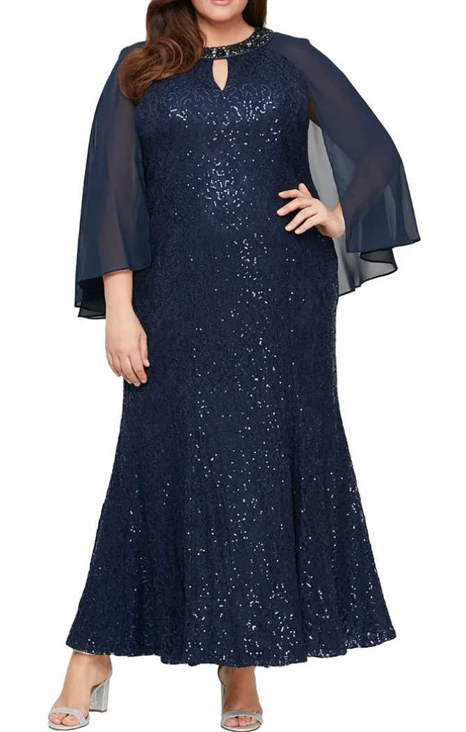 Plus Fit & Flare Sequin Lace Gown With Embellished Keyhole Cutout Neckline & Chiffon Capelet Sleeves
