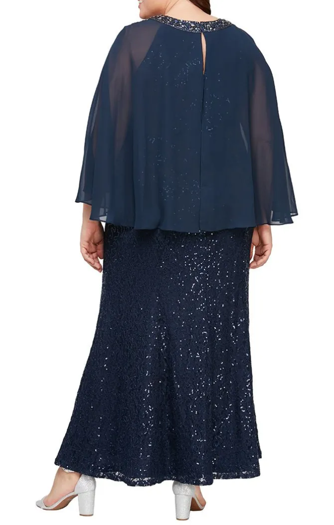 Plus Fit & Flare Sequin Lace Gown With Embellished Keyhole Cutout Neckline & Chiffon Capelet Sleeves