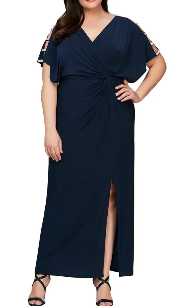 Plus Knot Front Dress With Front Slit And Embellishment At Shoulder