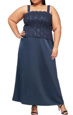 Plus Lace & Satin Gown With 3/4 Sleeve Scalloped Lace Jacket