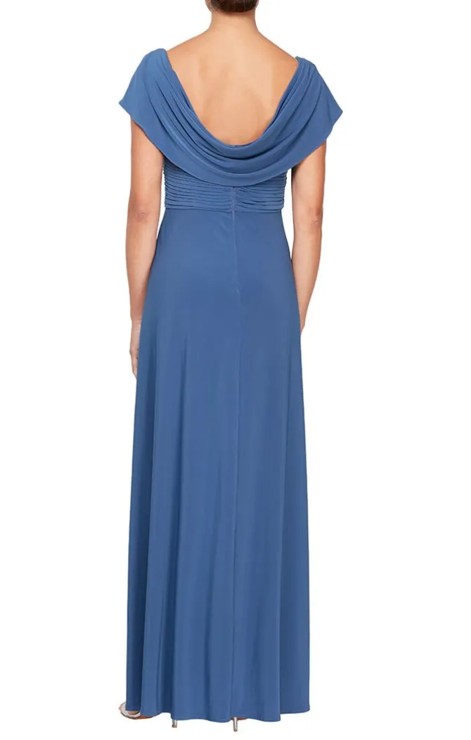 Plus Long Cowl Neck A-Line Matte Jersey Dress With Pleated Bodice Detail, Cowl Back, And Embellishment Detail At Waist