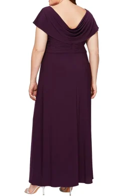 Plus Long Cowl Neck A-Line Matte Jersey Dress With Pleated Bodice Detail, Cowl Back, And Embellishment Detail At Waist