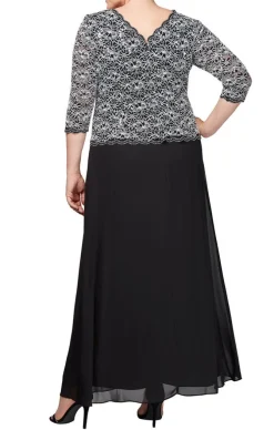 Plus Long Gown With Lace Bodice With 3/4 Illusion Sleeves, Scalloped Hem Detail And Chiffon Skirt