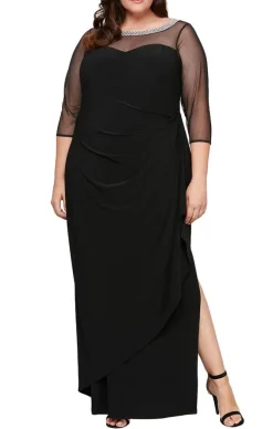 Plus Matte Jersey Side Ruched Dress With Embellished Neckline & Illusion Sleeves