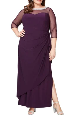 Plus Matte Jersey Side Ruched Dress With Embellished Neckline & Illusion Sleeves