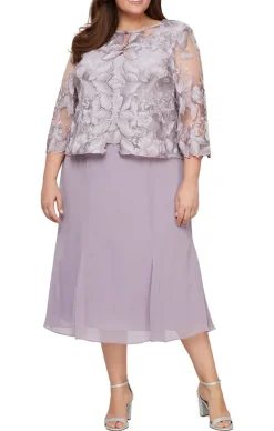 Plus Mock Jacket Dress With Illusion Sleeves, Scallop Detail & A-Line Chiffon Skirt