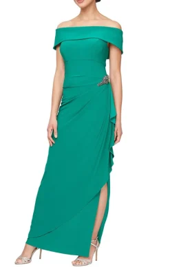 Plus Off The Shoulder Dress With Foldover Cuff, Embellishment Detail At Hip & Front Slit